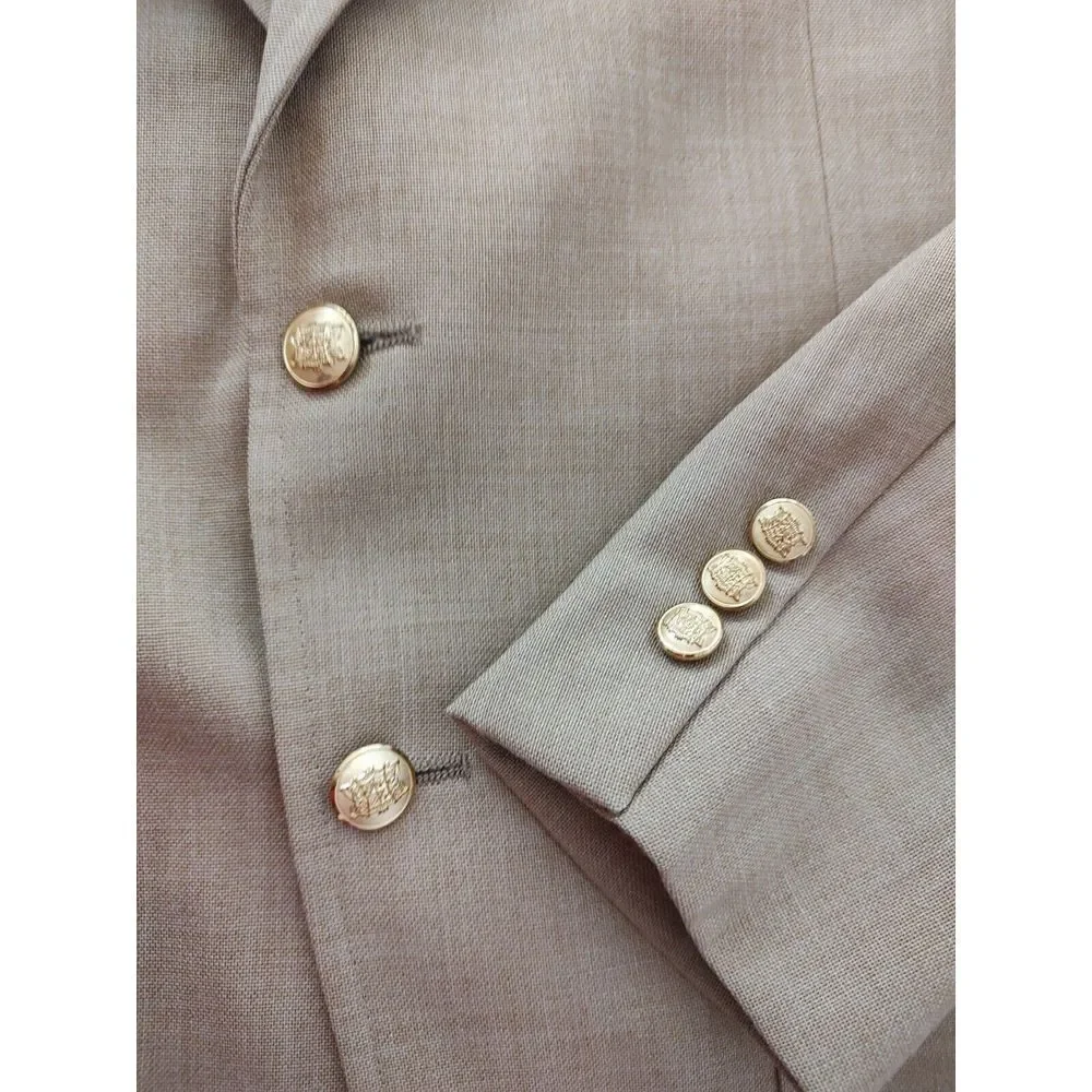 Vintage Tan Hopsack Blazer Mens Gold Crest Button‎ Sport Coat Beige 22.5 Pit